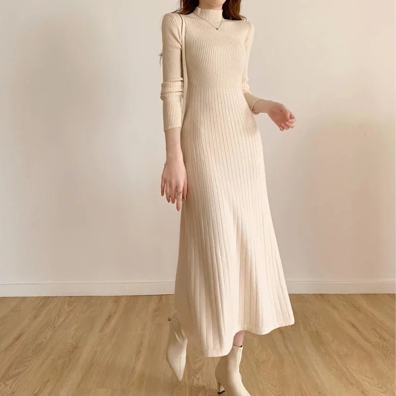 Autumn Winter 2024 Slim Long Sleeve Party Midi Dress for Women Knitted Half High Collar Elegant Knitted Sweater Dresses Ladies - PratSN