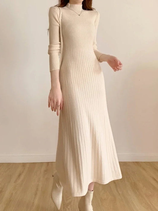 Autumn Winter 2024 Slim Long Sleeve Party Midi Dress for Women Knitted Half High Collar Elegant Knitted Sweater Dresses Ladies - PratSN