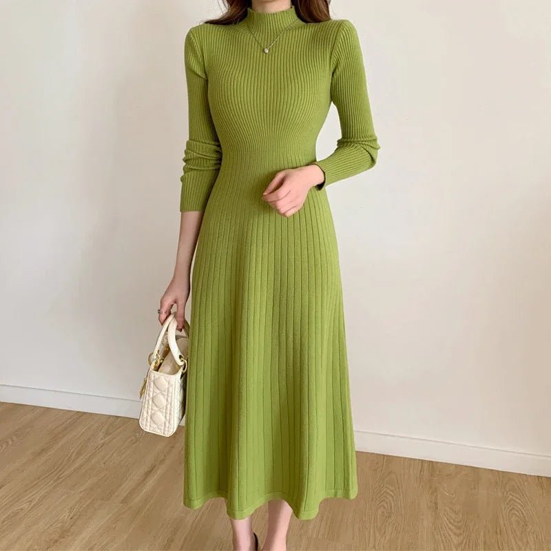 Autumn Winter 2024 Slim Long Sleeve Party Midi Dress for Women Knitted Half High Collar Elegant Knitted Sweater Dresses Ladies - PratSN