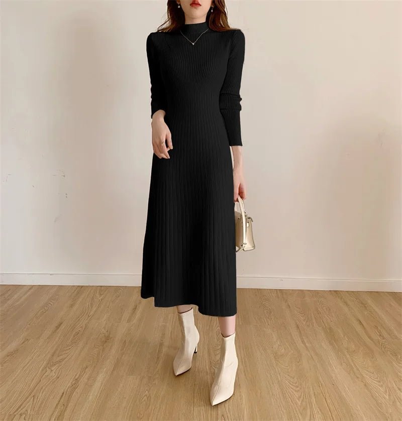 Autumn Winter 2024 Slim Long Sleeve Party Midi Dress for Women Knitted Half High Collar Elegant Knitted Sweater Dresses Ladies - PratSN