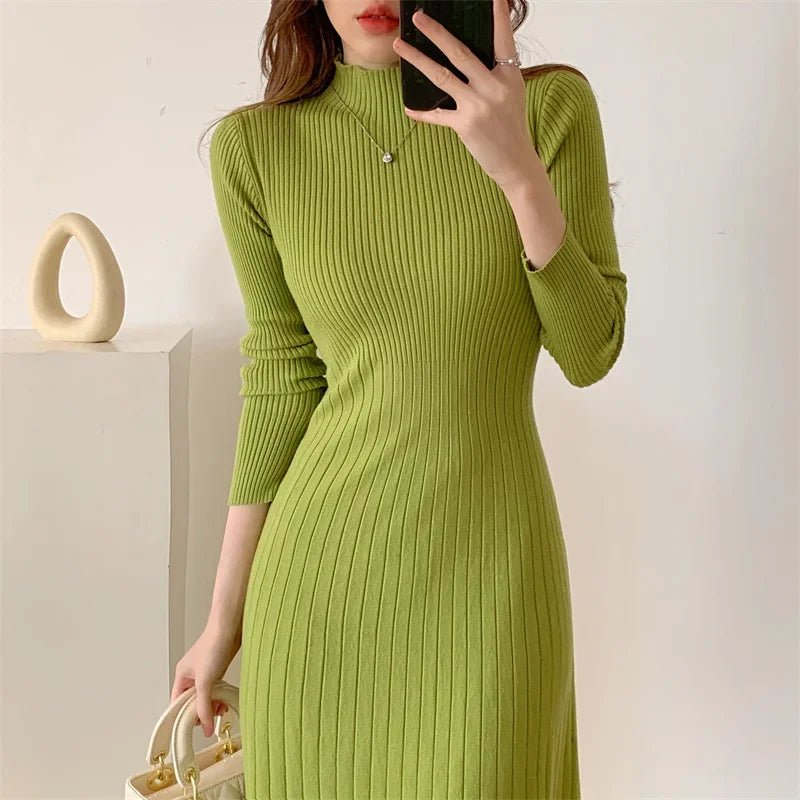 Autumn Winter 2024 Slim Long Sleeve Party Midi Dress for Women Knitted Half High Collar Elegant Knitted Sweater Dresses Ladies - PratSN