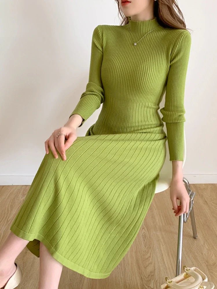 Autumn Winter 2024 Slim Long Sleeve Party Midi Dress for Women Knitted Half High Collar Elegant Knitted Sweater Dresses Ladies - PratSN