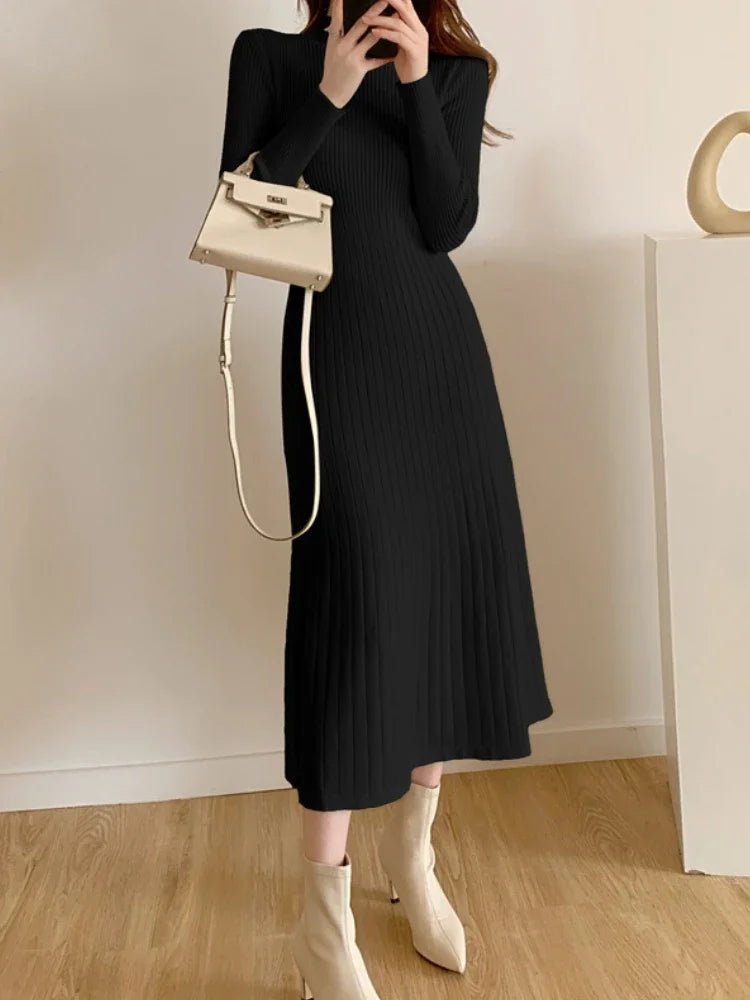 Autumn Winter 2024 Slim Long Sleeve Party Midi Dress for Women Knitted Half High Collar Elegant Knitted Sweater Dresses Ladies - PratSN
