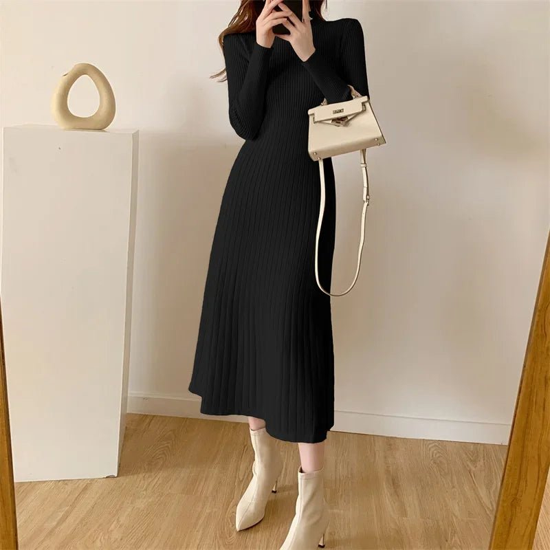 Autumn Winter 2024 Slim Long Sleeve Party Midi Dress for Women Knitted Half High Collar Elegant Knitted Sweater Dresses Ladies - PratSN