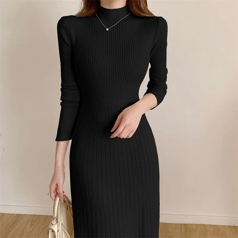 Autumn Winter 2024 Slim Long Sleeve Party Midi Dress for Women Knitted Half High Collar Elegant Knitted Sweater Dresses Ladies - PratSN