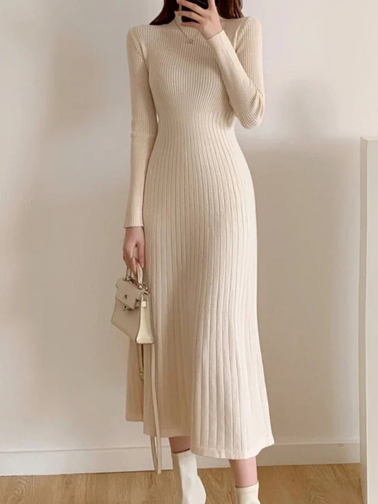 Autumn Winter 2024 Slim Long Sleeve Party Midi Dress for Women Knitted Half High Collar Elegant Knitted Sweater Dresses Ladies - PratSN