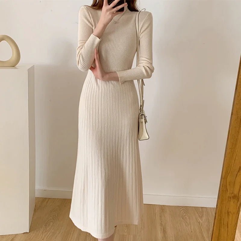 Autumn Winter 2024 Slim Long Sleeve Party Midi Dress for Women Knitted Half High Collar Elegant Knitted Sweater Dresses Ladies - PratSN