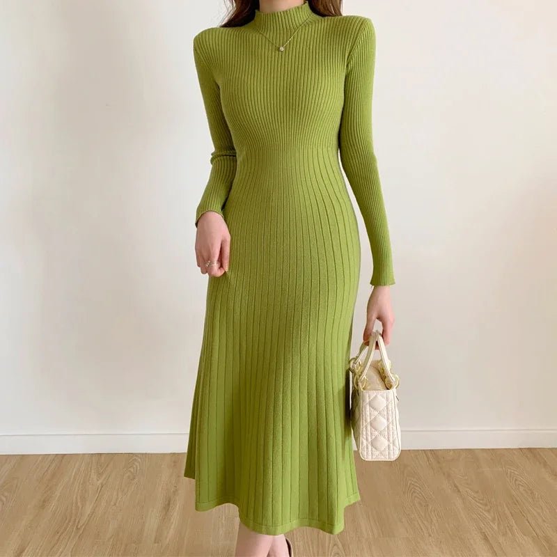 Autumn Winter 2024 Slim Long Sleeve Party Midi Dress for Women Knitted Half High Collar Elegant Knitted Sweater Dresses Ladies - PratSN