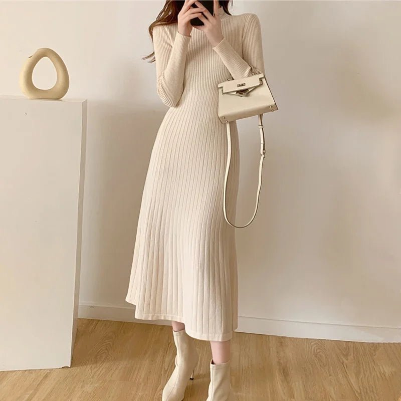 Autumn Winter 2024 Slim Long Sleeve Party Midi Dress for Women Knitted Half High Collar Elegant Knitted Sweater Dresses Ladies - PratSN
