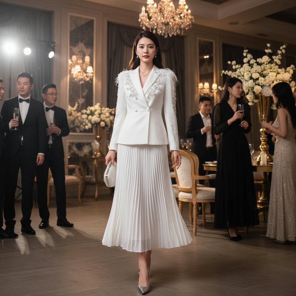 Autumn Winter 2025 New Casual Set Luxury Beading Flower Embroidery Long - sleeved Blazer + Pleated Skirt High Quality Suit - PratSN