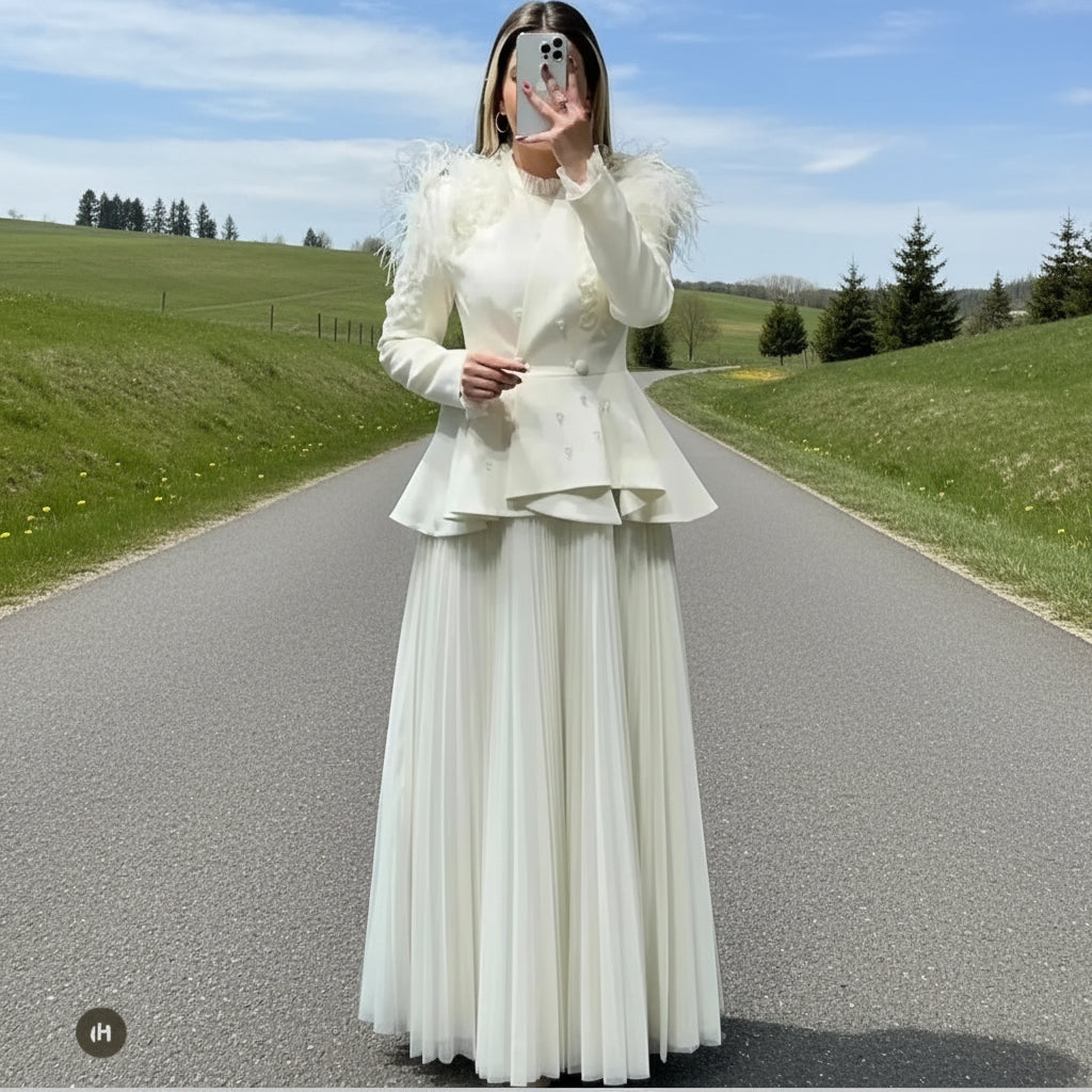 Autumn Winter 2025 New Casual Set Luxury Beading Flower Embroidery Long - sleeved Blazer + Pleated Skirt High Quality Suit - PratSN