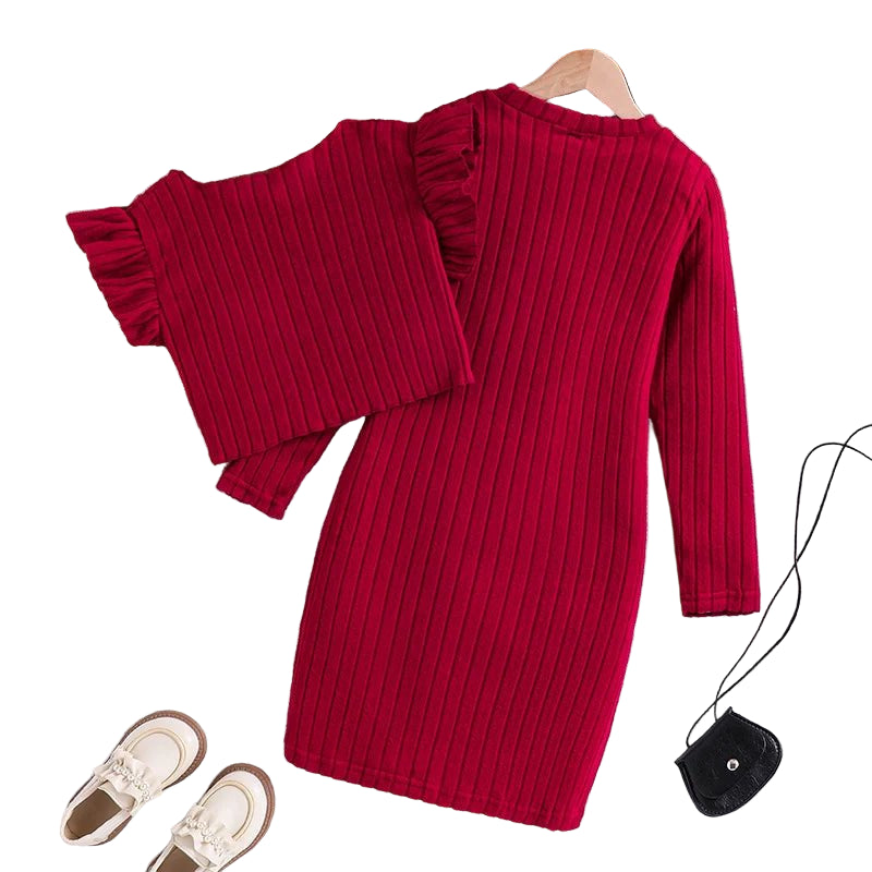 Autumn - Winter Girls' Outfit Heavy - Weight Pearl - Studded Flared Sleeve Jacket & Long - Sleeved Dress Two - Piece Worested Fabric Set - PratSN