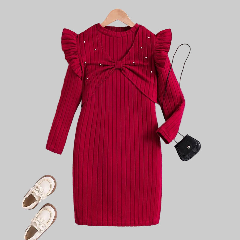 Autumn - Winter Girls' Outfit Heavy - Weight Pearl - Studded Flared Sleeve Jacket & Long - Sleeved Dress Two - Piece Worested Fabric Set - PratSN