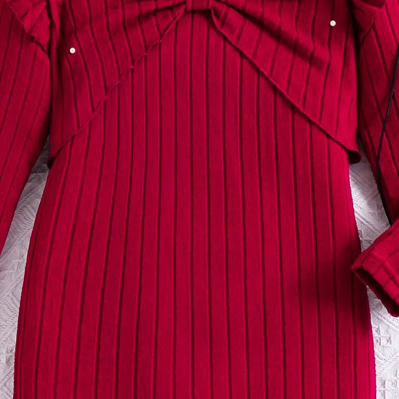 Autumn - Winter Girls' Outfit Heavy - Weight Pearl - Studded Flared Sleeve Jacket & Long - Sleeved Dress Two - Piece Worested Fabric Set - PratSN