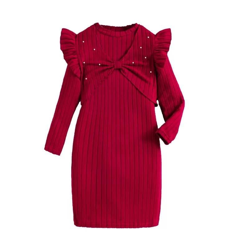 Autumn-Winter Girls' Outfit Heavy-Weight Pearl-Studded Flared Sleeve Jacket  & Long-Sleeved Dress Two-Piece Worested Fabric Set
