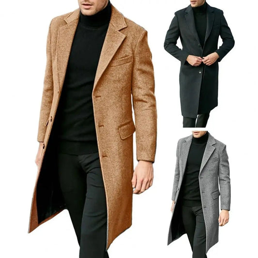 Autumn Winter Men Coat Solid Color Turn - down Collar Single - breasted Split Windbreaker Thick Straight Knee Length Male Coat - PratSN