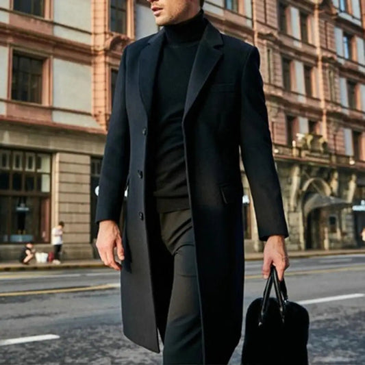 Autumn Winter Men Coat Solid Color Turn - down Collar Single - breasted Split Windbreaker Thick Straight Knee Length Male Coat - PratSN