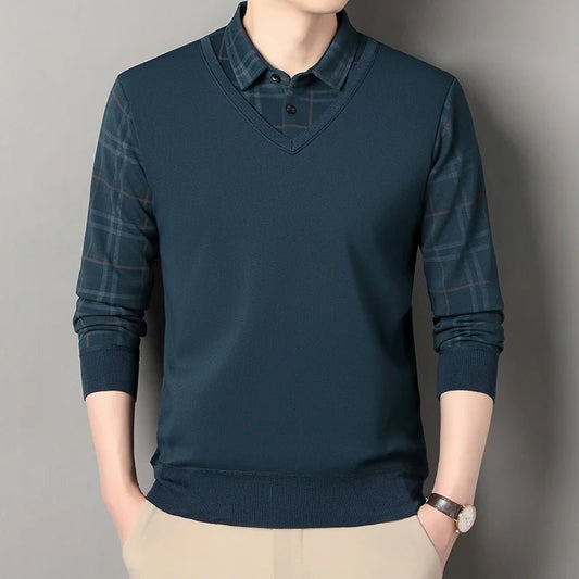 Autumn Winter Men's Fleece Pullover Men's Polo Collar Sweater Knitwear Classic Plaid Sweaters Thick Warm - PratSN