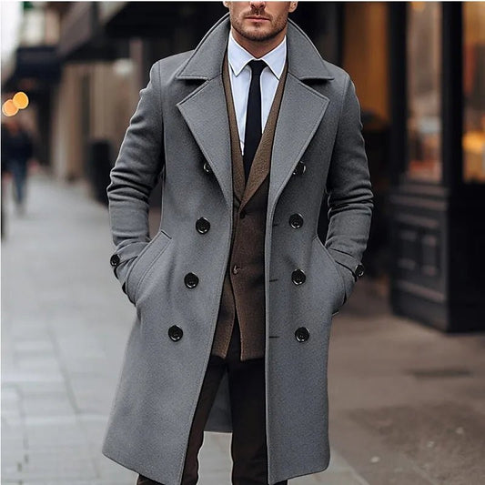 Autumn Winter Men's Woolen Coats Business Casual Fashion Double Breasted Long Woolen Trench Male England Style Wool Blends Coat - PratSN