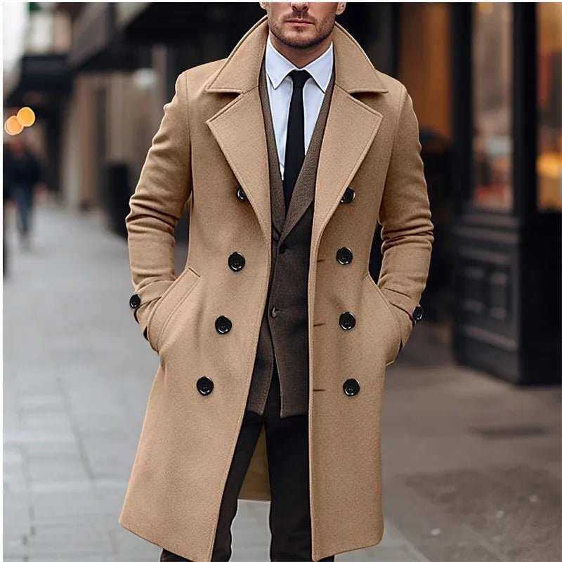Autumn Winter Men's Woolen Coats Business Casual Fashion Double Breasted Long Woolen Trench Male England Style Wool Blends Coat - PratSN