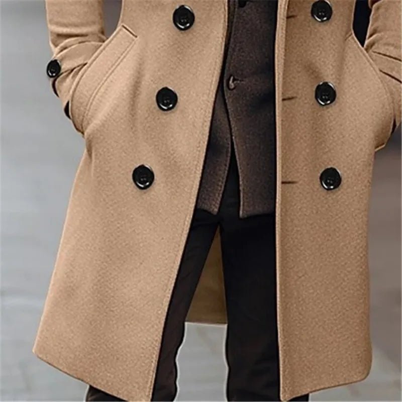 Autumn Winter Men's Woolen Coats Business Casual Fashion Double Breasted Long Woolen Trench Male England Style Wool Blends Coat - PratSN