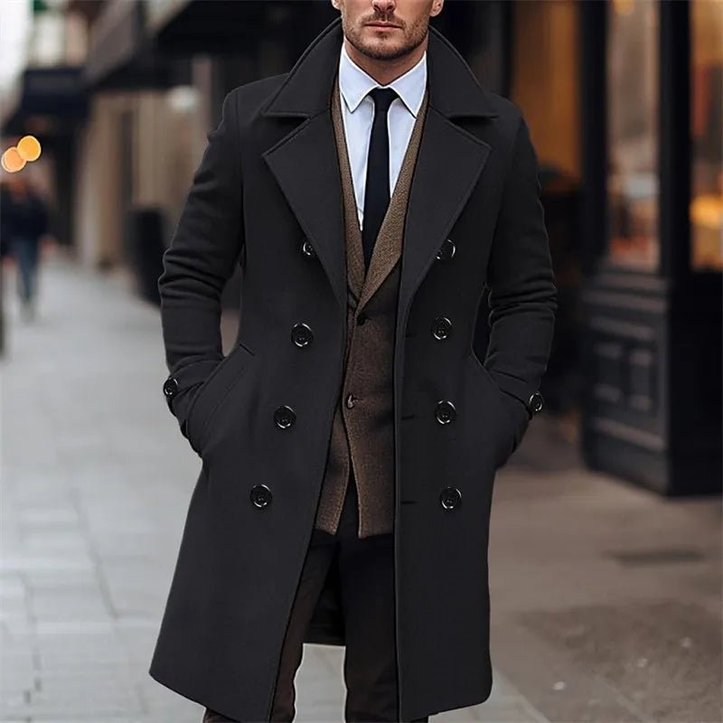 Autumn Winter Men's Woolen Coats Business Casual Fashion Double Breasted Long Woolen Trench Male England Style Wool Blends Coat - PratSN