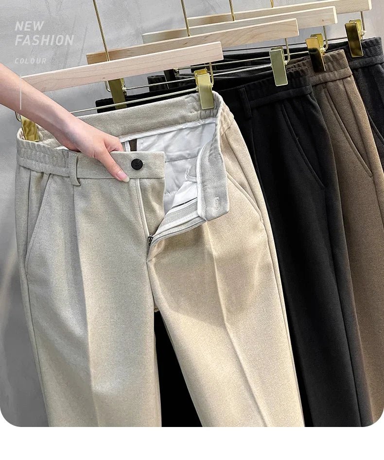 Autumn Winter Men's Woolen Suit Pants Formal Business Office Slim Straight Elastic Waist Korean Casual Tapered Brown Trousers - PratSN