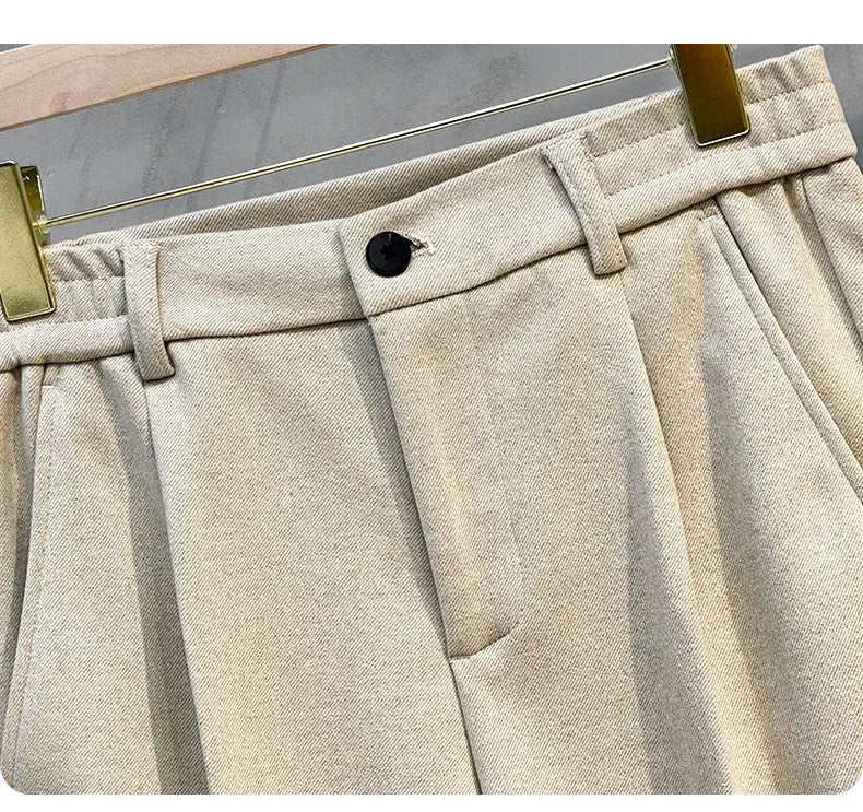 Autumn Winter Men's Woolen Suit Pants Formal Business Office Slim Straight Elastic Waist Korean Casual Tapered Brown Trousers - PratSN