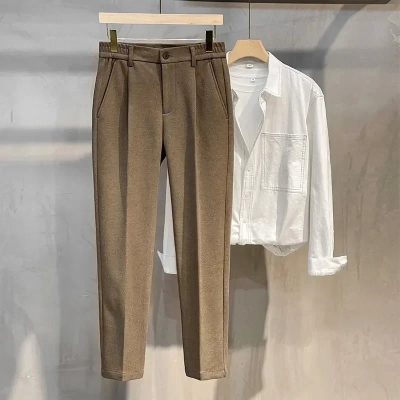 Autumn Winter Men's Woolen Suit Pants Formal Business Office Slim Straight Elastic Waist Korean Casual Tapered Brown Trousers - PratSN