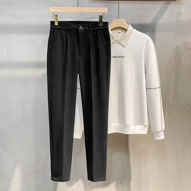 Autumn Winter Men's Woolen Suit Pants Formal Business Office Slim Straight Elastic Waist Korean Casual Tapered Brown Trousers - PratSN