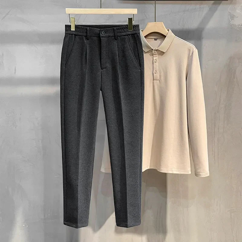 Autumn Winter Men's Woolen Suit Pants Formal Business Office Slim Straight Elastic Waist Korean Casual Tapered Brown Trousers - PratSN