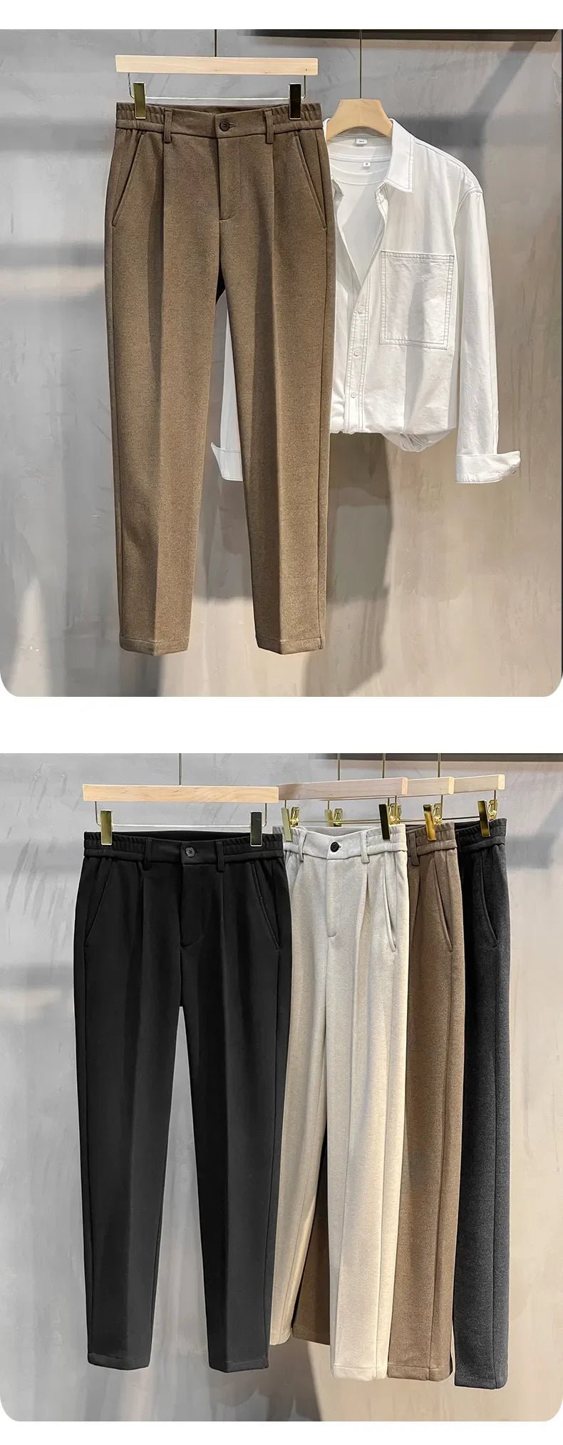 Autumn Winter Men's Woolen Suit Pants Formal Business Office Slim Straight Elastic Waist Korean Casual Tapered Brown Trousers - PratSN