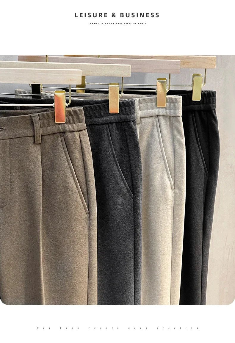 Autumn Winter Men's Woolen Suit Pants Formal Business Office Slim Straight Elastic Waist Korean Casual Tapered Brown Trousers - PratSN