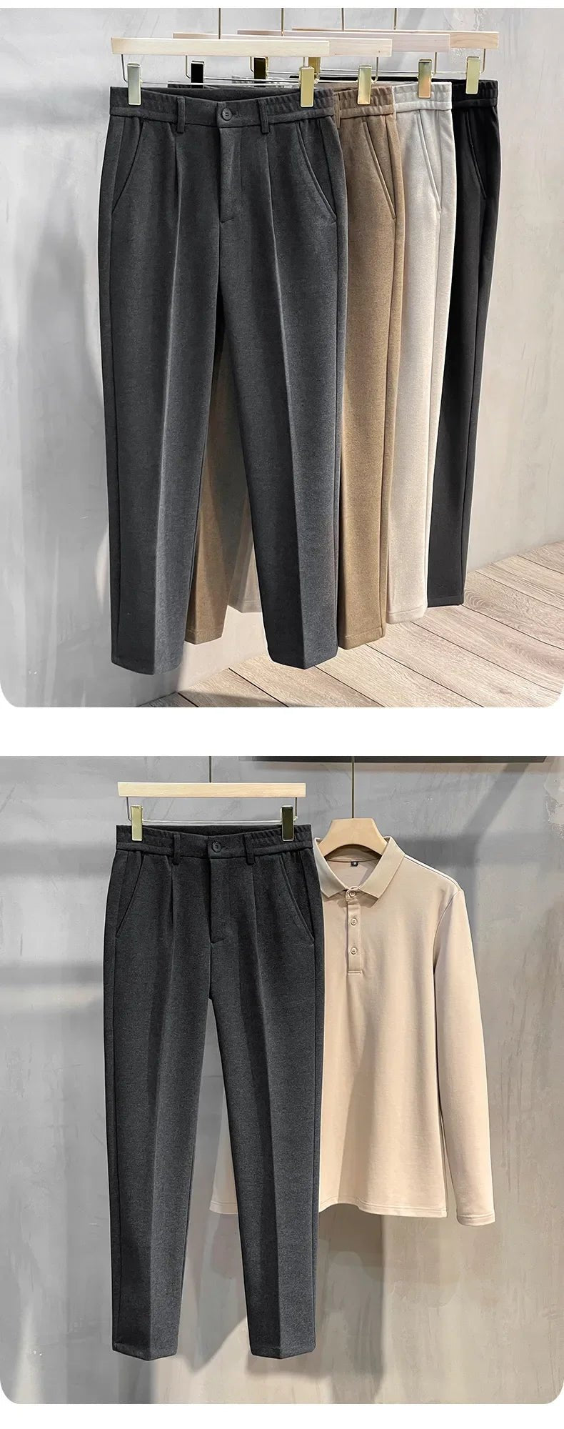 Autumn Winter Men's Woolen Suit Pants Formal Business Office Slim Straight Elastic Waist Korean Casual Tapered Brown Trousers - PratSN