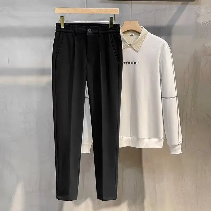 Autumn Winter Men's Woolen Suit Pants Formal Business Office Slim Straight Elastic Waist Korean Casual Tapered Brown Trousers - PratSN