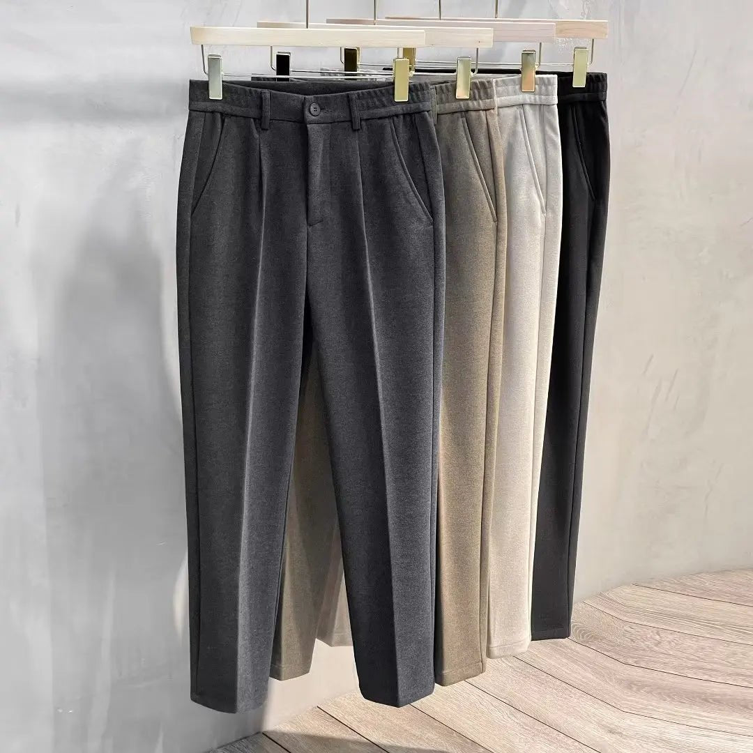 Autumn Winter Men's Woolen Suit Pants Formal Business Office Slim Straight Elastic Waist Korean Casual Tapered Brown Trousers - PratSN