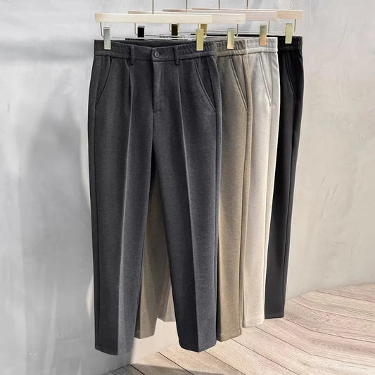 Autumn Winter Men's Woolen Suit Pants Formal Business Office Slim Straight Elastic Waist Korean Casual Tapered Brown Trousers - PratSN