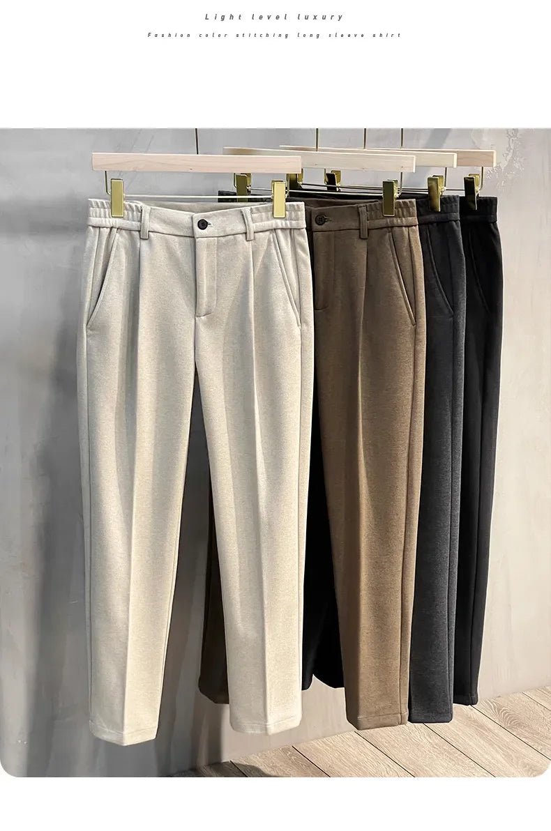 Autumn Winter Men's Woolen Suit Pants Formal Business Office Slim Straight Elastic Waist Korean Casual Tapered Brown Trousers - PratSN