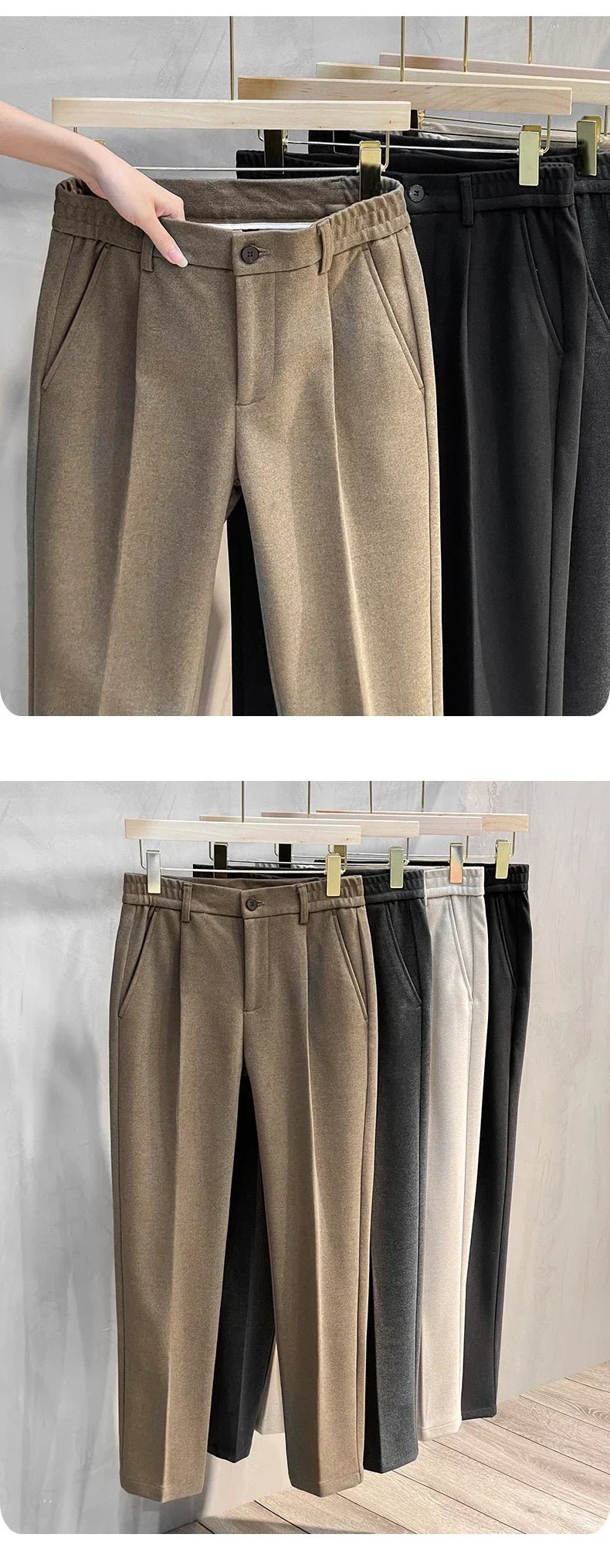 Autumn Winter Men's Woolen Suit Pants Formal Business Office Slim Straight Elastic Waist Korean Casual Tapered Brown Trousers - PratSN