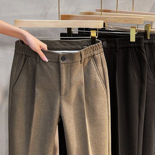 Autumn Winter Men's Woolen Suit Pants Formal Business Office Slim Straight Elastic Waist Korean Casual Tapered Brown Trousers - PratSN