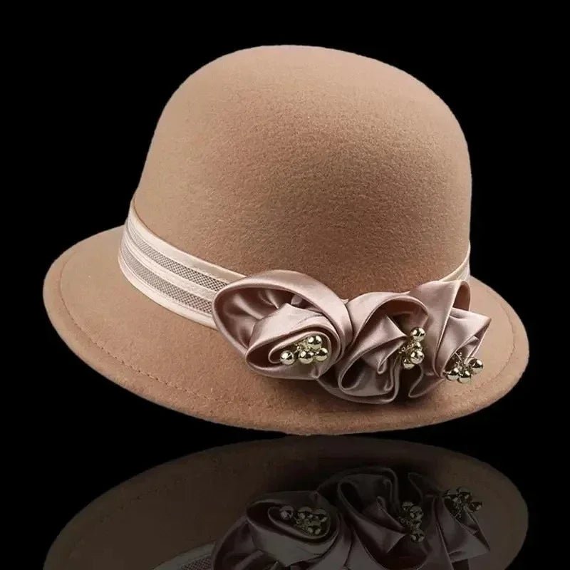 Autumn Winter NEW Wool Formal Hat Women’s Hat Church Hat Fisherman Hat Rose Blossoms Pearl Elegant Fashion Versatile - PratSN