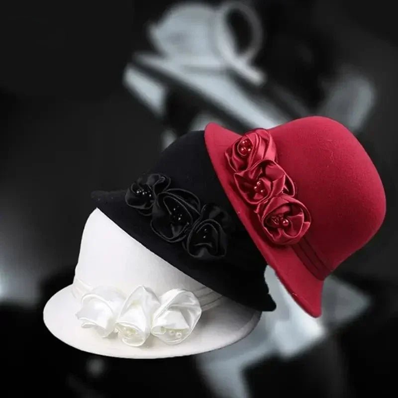 Autumn Winter NEW Wool Formal Hat Women’s Hat Church Hat Fisherman Hat Rose Blossoms Pearl Elegant Fashion Versatile - PratSN
