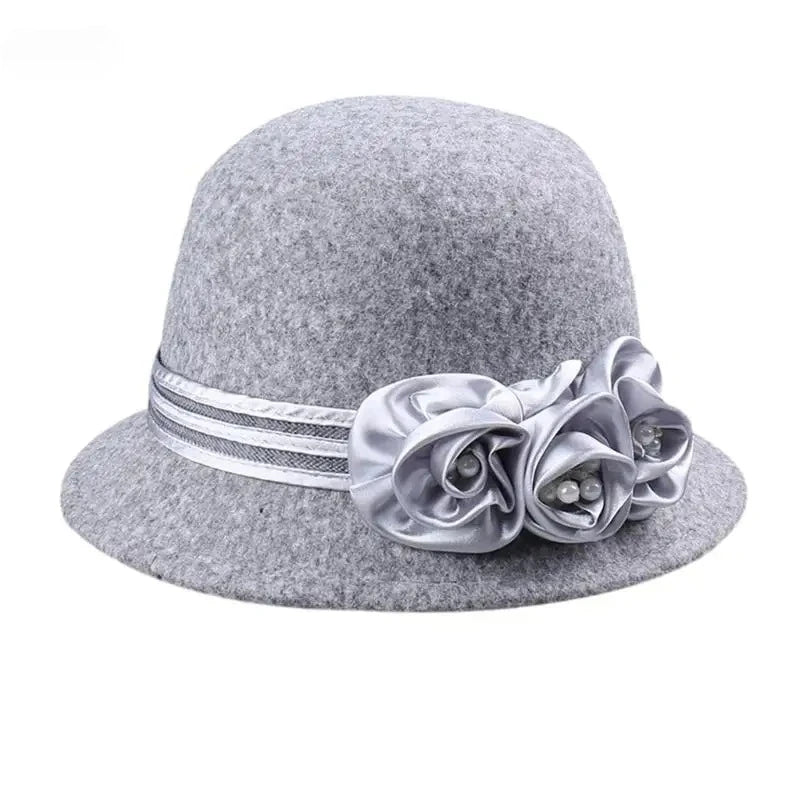 Autumn Winter NEW Wool Formal Hat Women’s Hat Church Hat Fisherman Hat Rose Blossoms Pearl Elegant Fashion Versatile - PratSN