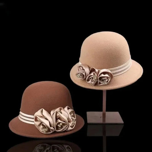 Autumn Winter NEW Wool Formal Hat Women’s Hat Church Hat Fisherman Hat Rose Blossoms Pearl Elegant Fashion Versatile - PratSN