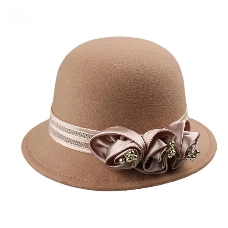 Autumn Winter NEW Wool Formal Hat Women’s Hat Church Hat Fisherman Hat Rose Blossoms Pearl Elegant Fashion Versatile - PratSN