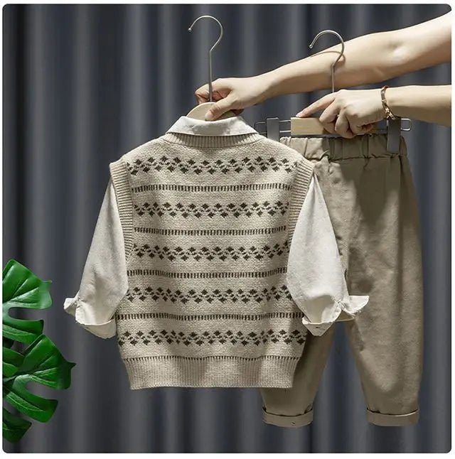 Baby Boy Clothing Suit 2024 Spring Autumn Knitted Sleeveless Sweater Vest + Shirts + Pants Boys Outfit Kids Set - PratSN