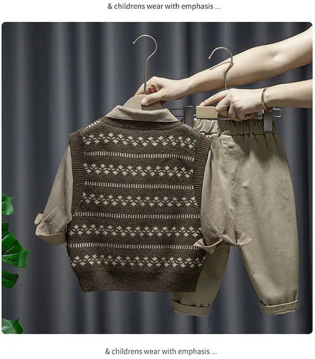 Baby Boy Clothing Suit 2024 Spring Autumn Knitted Sleeveless Sweater Vest + Shirts + Pants Boys Outfit Kids Set - PratSN