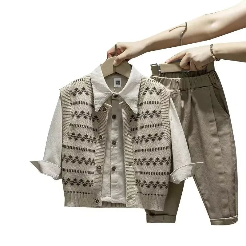Baby Boy Clothing Suit 2024 Spring Autumn Knitted Sleeveless Sweater Vest + Shirts + Pants Boys Outfit Kids Set - PratSN