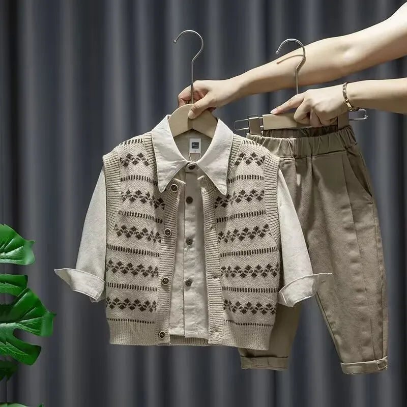 Baby Boy Clothing Suit 2024 Spring Autumn Knitted Sleeveless Sweater Vest + Shirts + Pants Boys Outfit Kids Set - PratSN