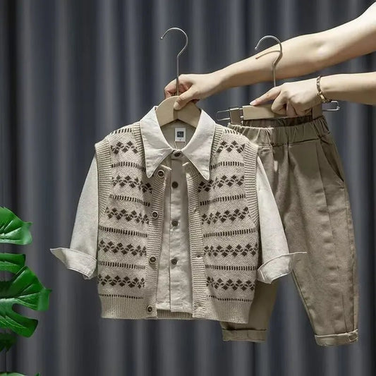 Baby Boy Clothing Suit 2024 Spring Autumn Knitted Sleeveless Sweater Vest + Shirts + Pants Boys Outfit Kids Set - PratSN
